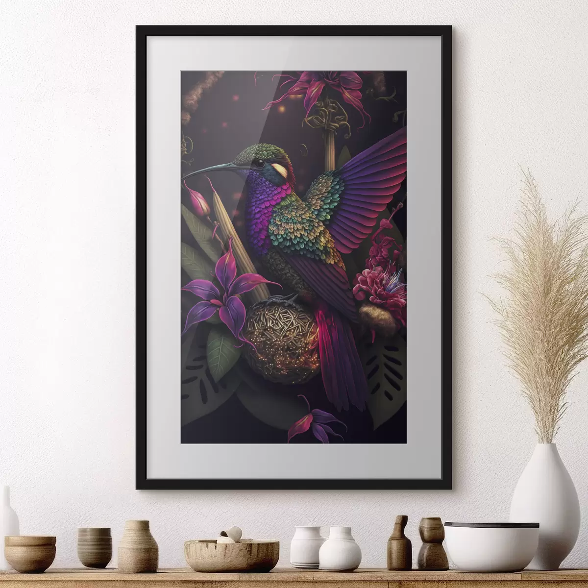 Poster Un vibrante colibrì tra i fiori in fiore f33703
