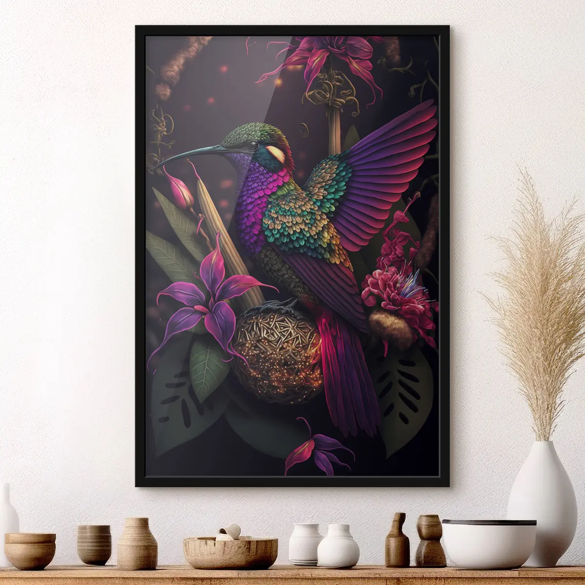 Poster Un vibrante colibrì tra i fiori in fiore f33703