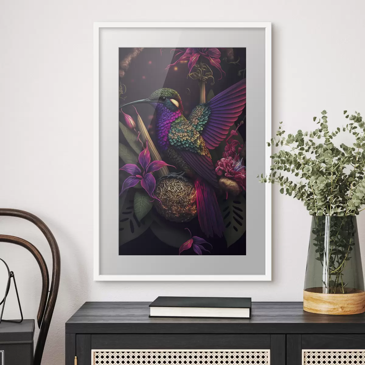 Poster Un vibrante colibrì tra i fiori in fiore f33703