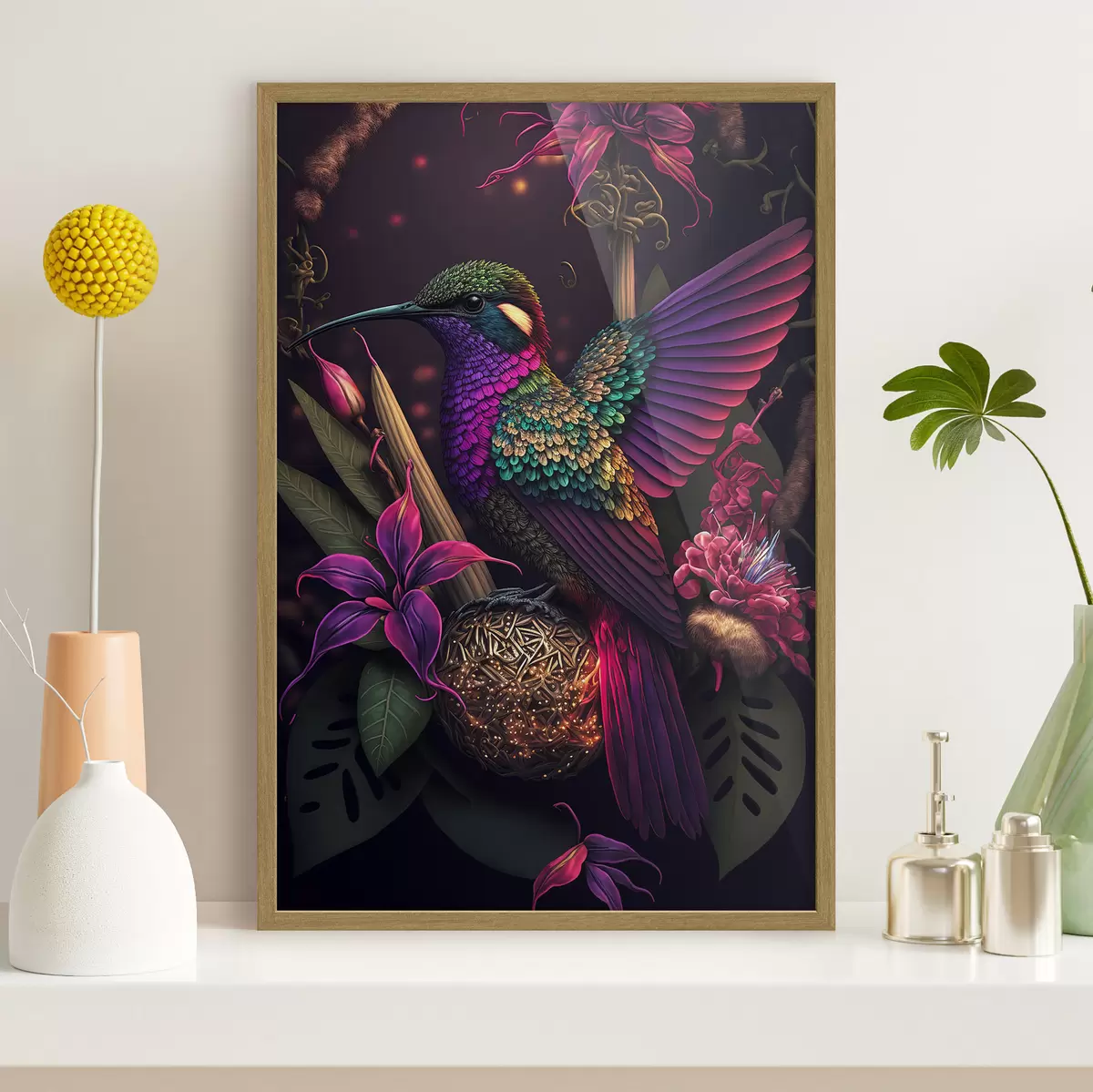 Poster Un vibrante colibrì tra i fiori in fiore f33703