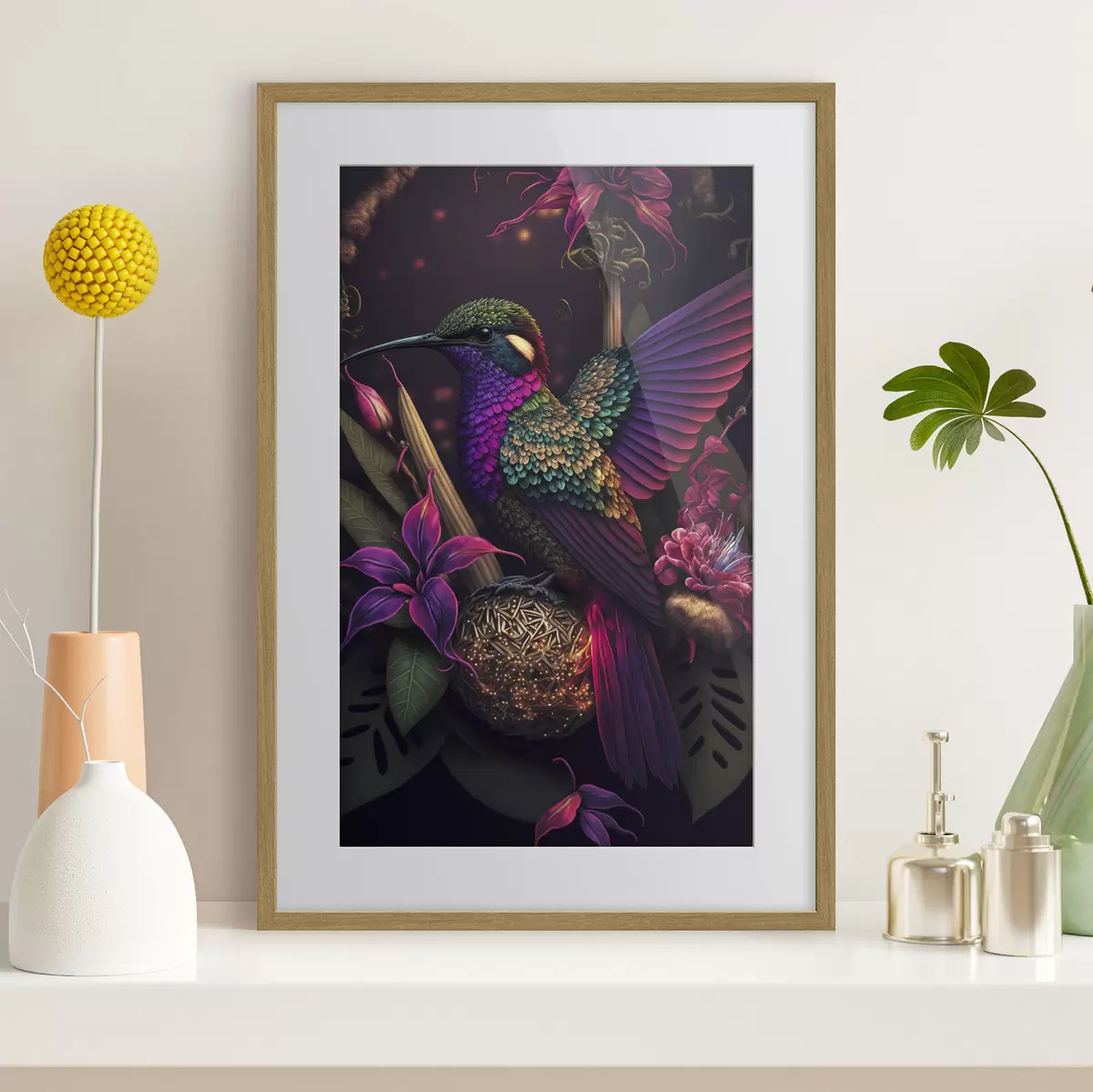 Poster Un vibrante colibrì tra i fiori in fiore f33703