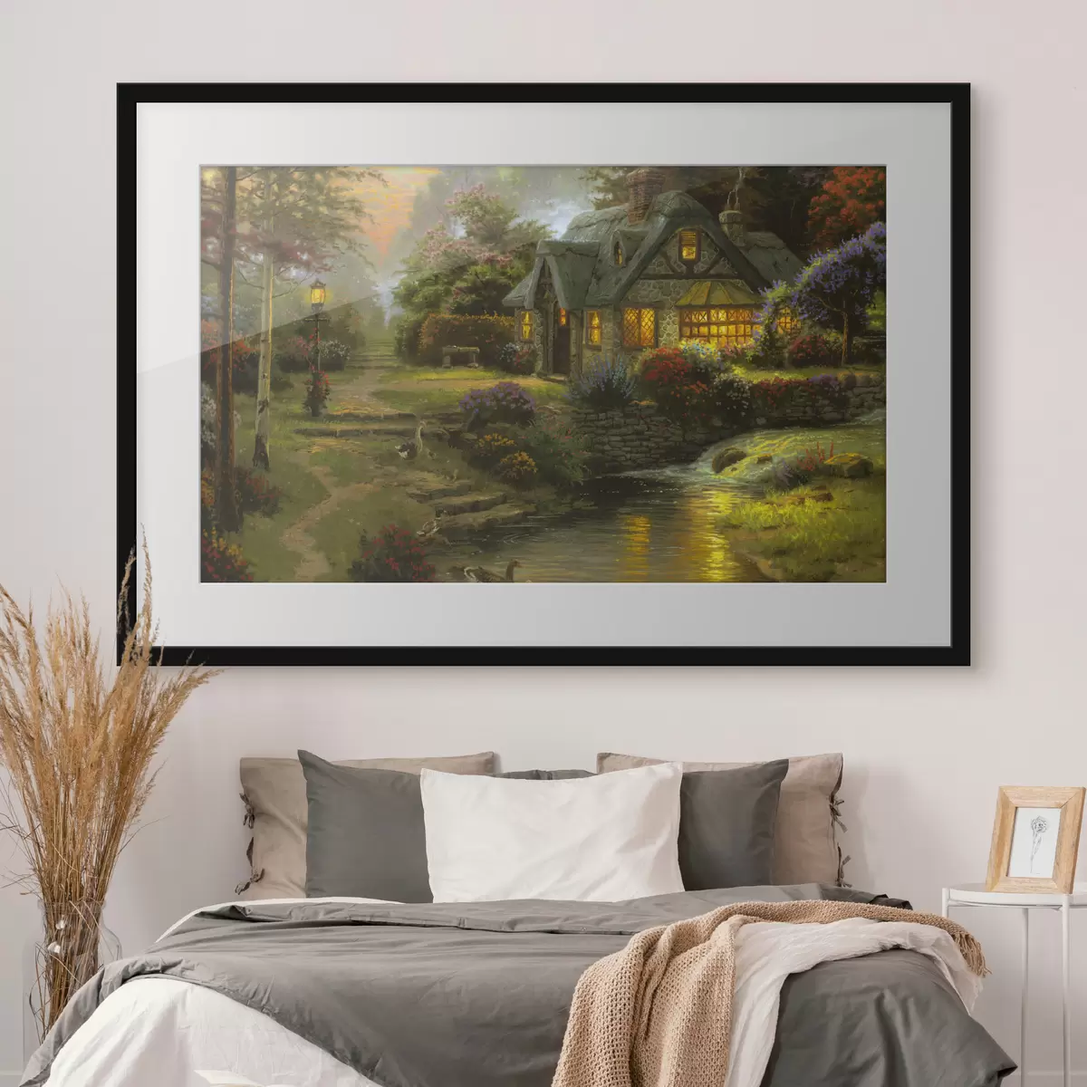 Poster Incantevole cottage vicino a un tranquillo ruscello f19095