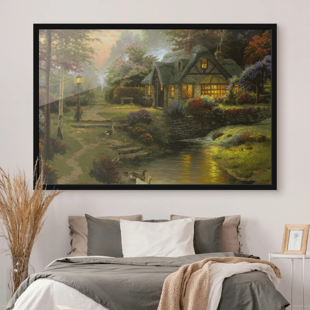 Poster Incantevole cottage vicino a un tranquillo ruscello f19095