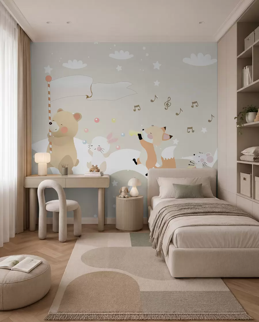 carta da parati Carta da parati per la camera dei bambini con simpatici animali in colori rosa nr. u98969