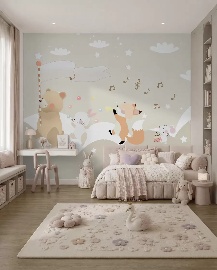 carta da parati Carta da parati per la camera dei bambini con simpatici animali in colori rosa nr. u98969