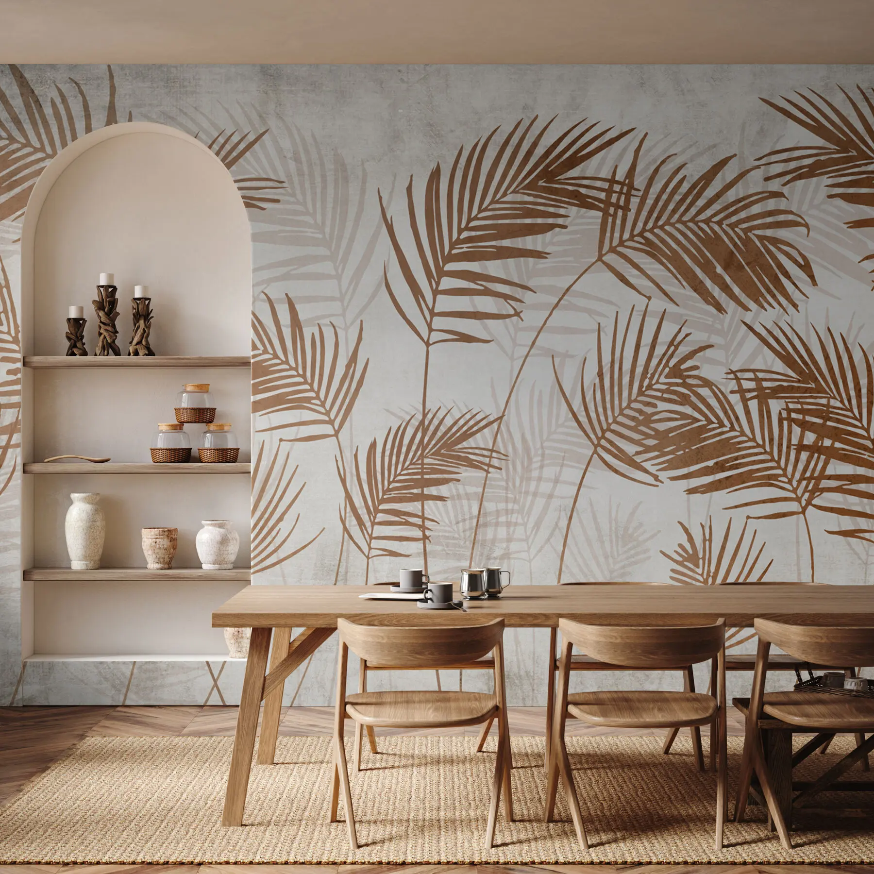 Carta da parati Tropici della Foresta Carta da parati con alberi tropicali e foglie nella foresta nebbiosa n. u98974