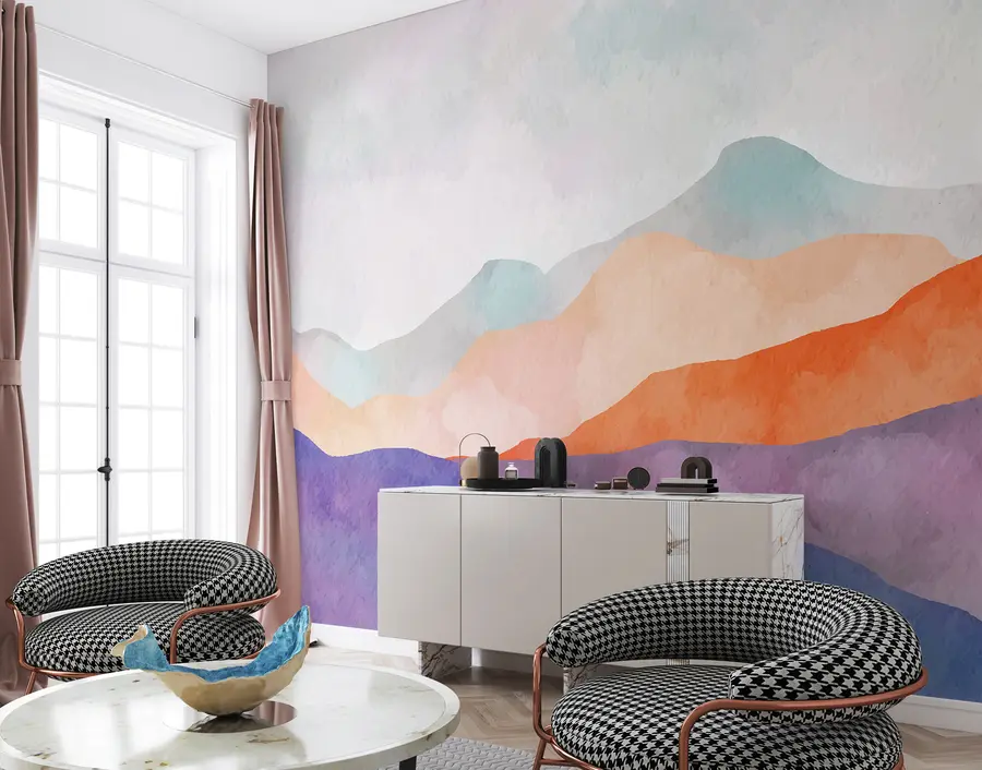 carta da parati Paesaggio di montagna, disegno astratto, stile boho, arancione, blu, pupilla nr. u98991