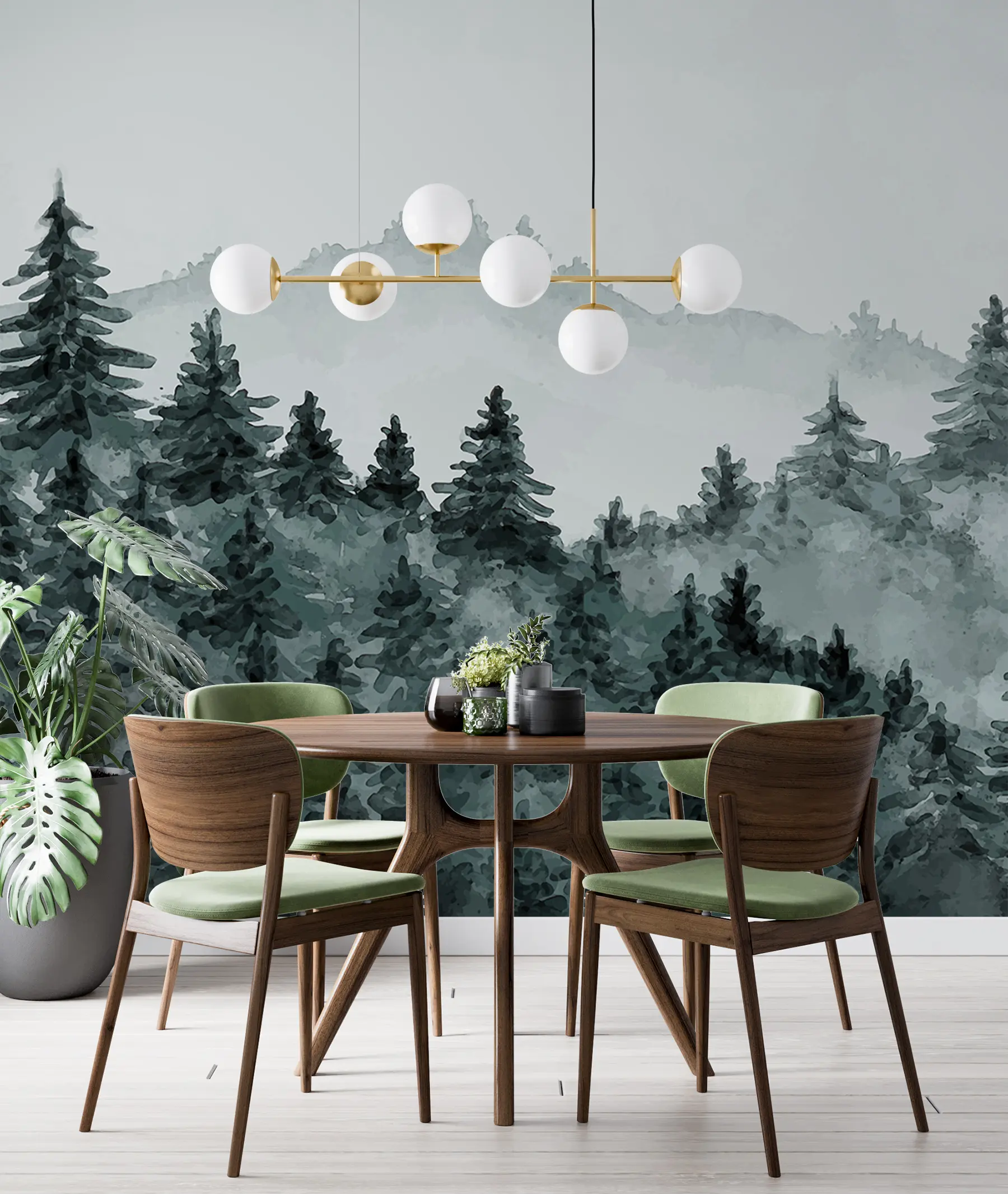 Carta da parati Foresta Nebbiosa Acquerello paesaggio forestale, nebbia, colore verde, alberi di pino n. u98994