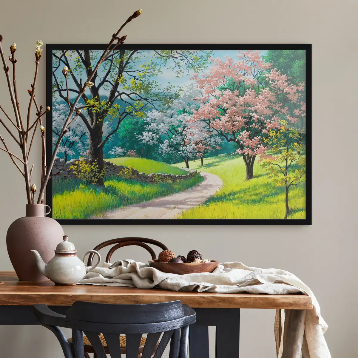 Poster Alberi in fiore lungo un sentiero tortuoso f15350