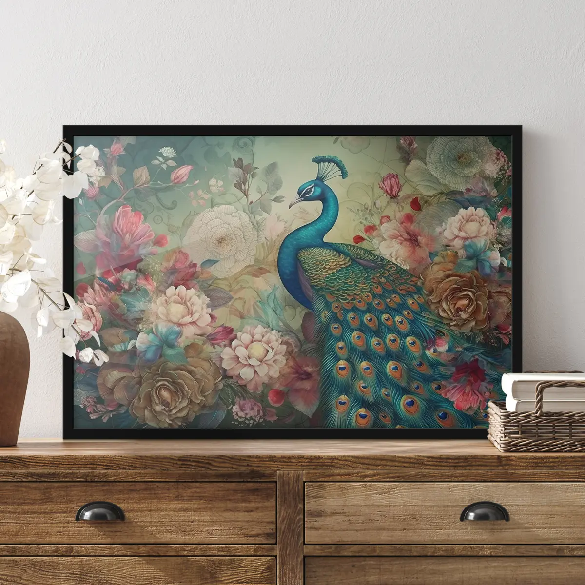 Poster Un brillante pavone tra i fiori in fiore f34869