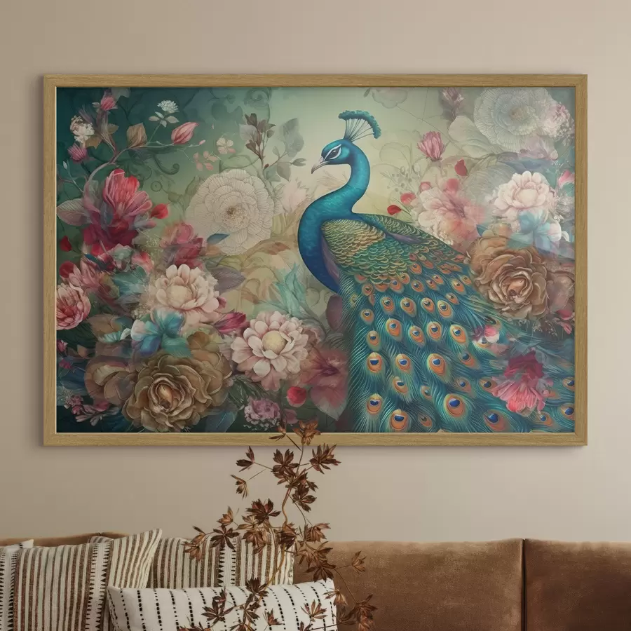 carta da parati Un brillante pavone tra i fiori in fiore nr. f34869