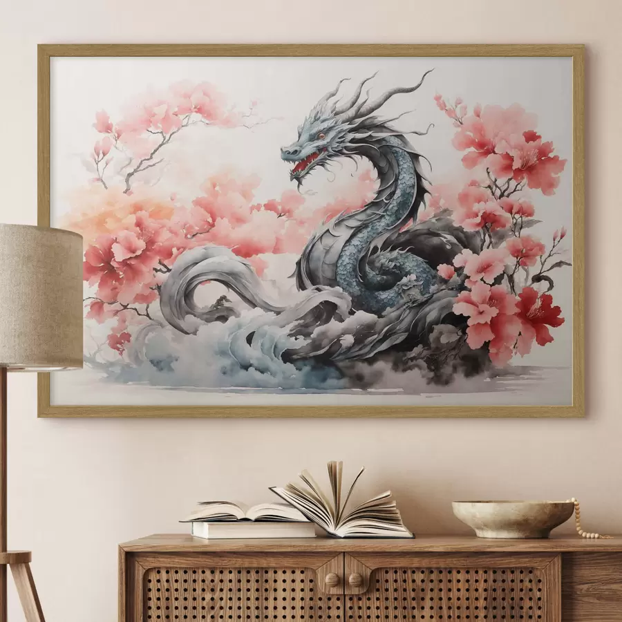 carta da parati Maestoso drago tra i fiori in fiore nr. f36239
