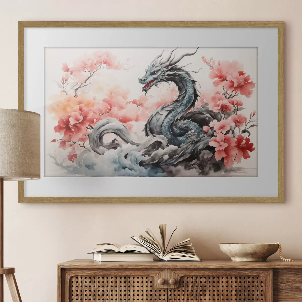 Poster Maestoso drago tra i fiori in fiore f36239