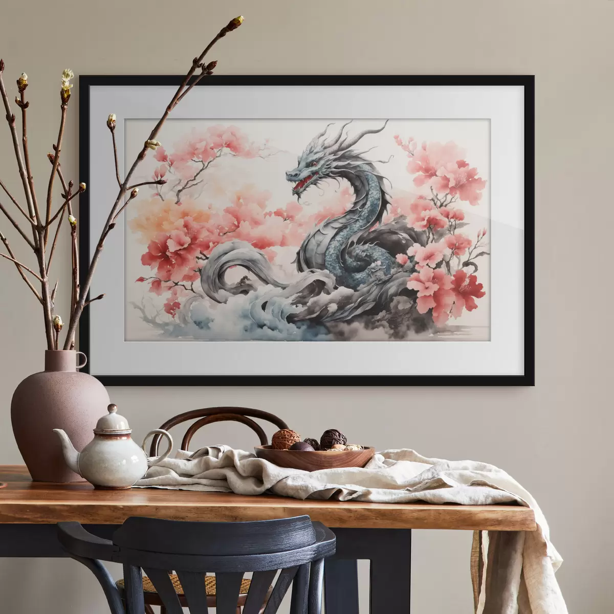 Poster Maestoso drago tra i fiori in fiore f36239