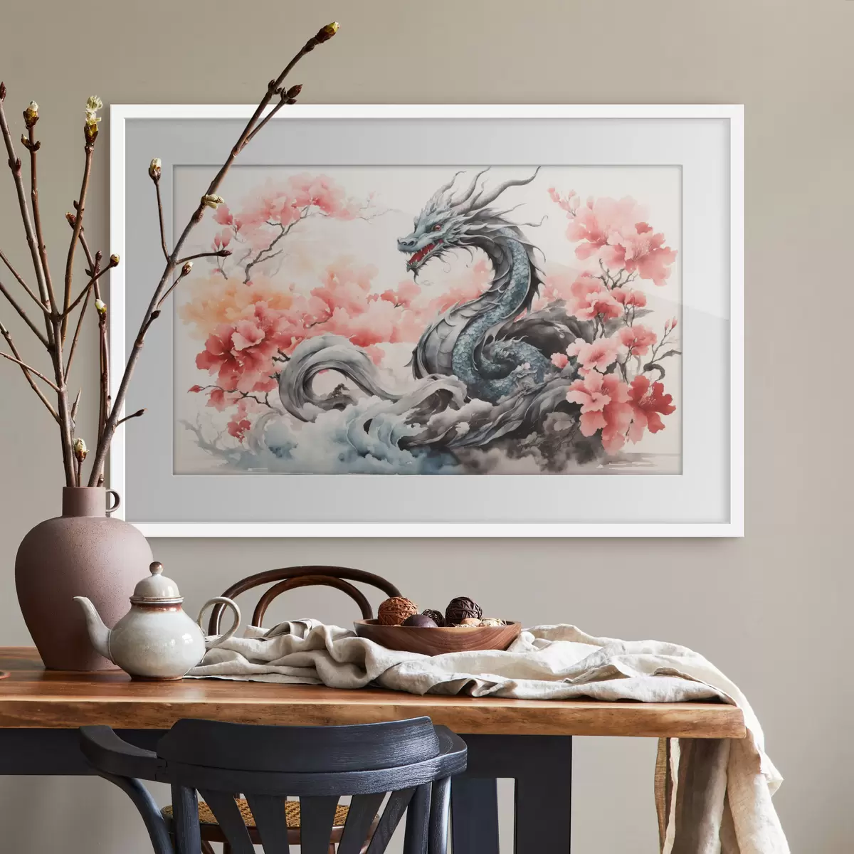 Poster Maestoso drago tra i fiori in fiore f36239