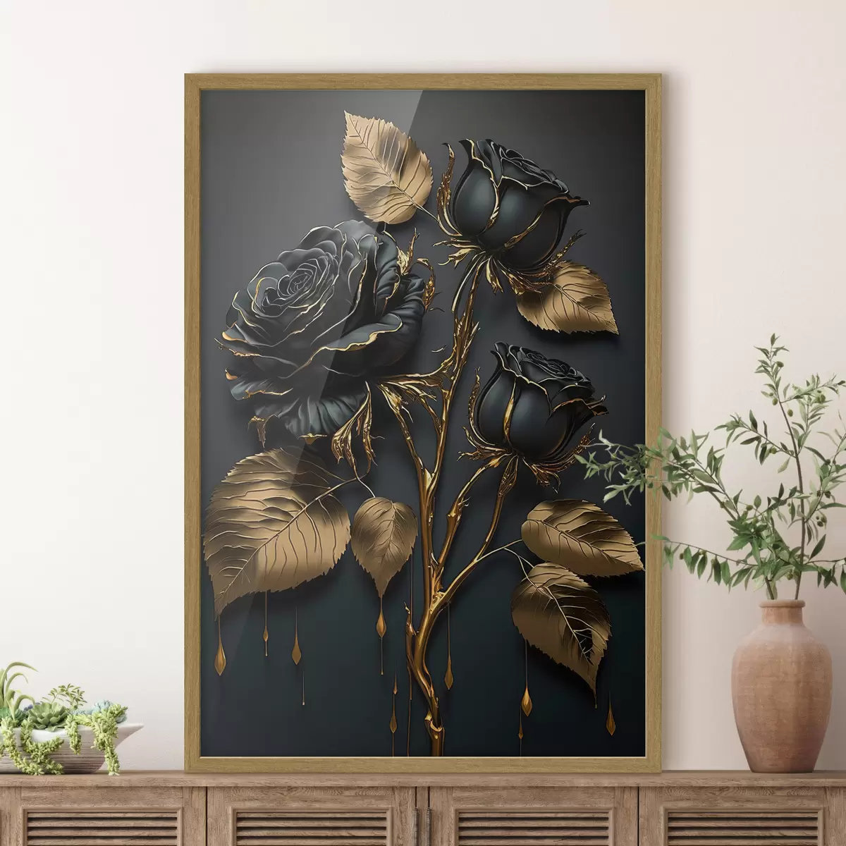 Poster Rose nere e foglie dorate f33700