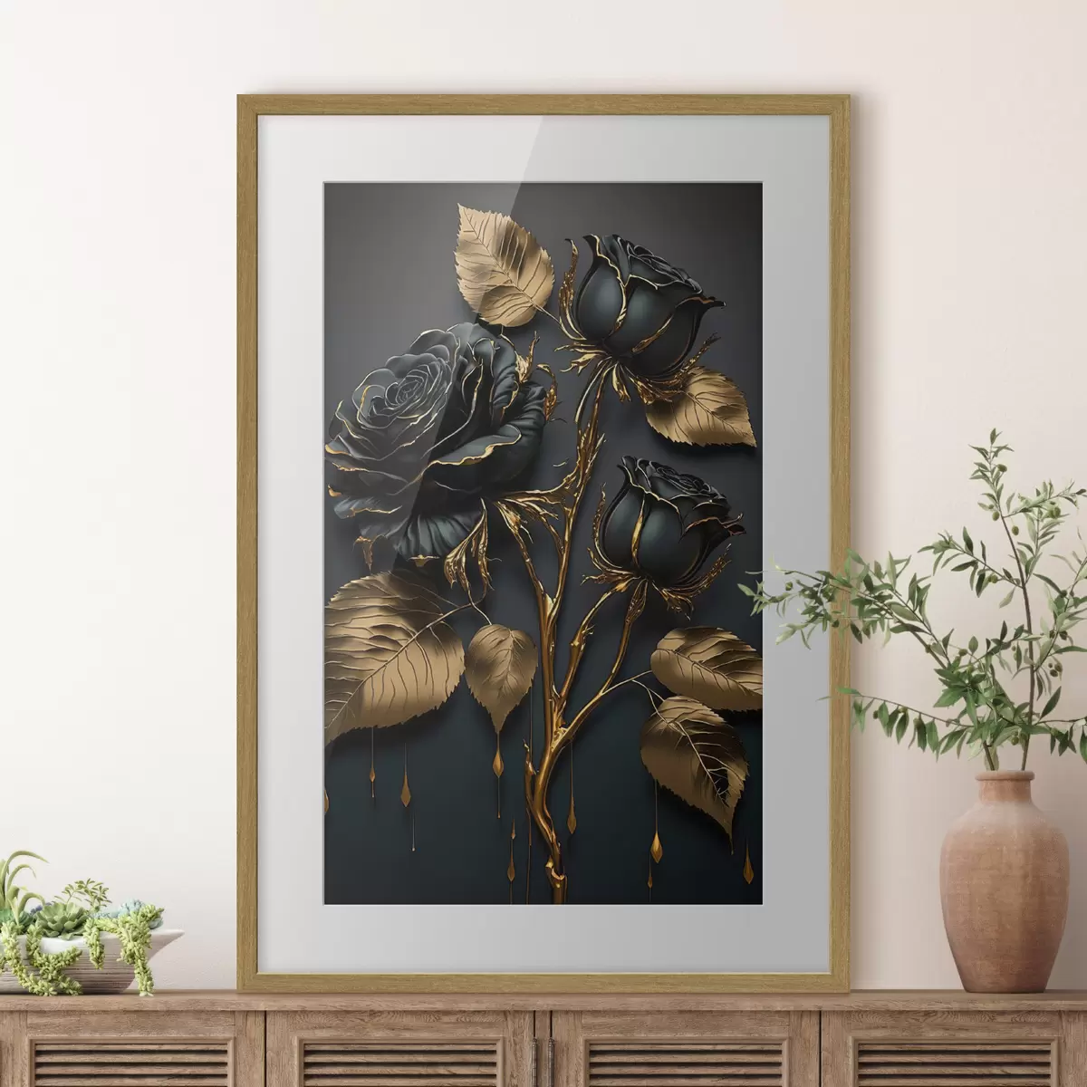 Poster Rose nere e foglie dorate f33700