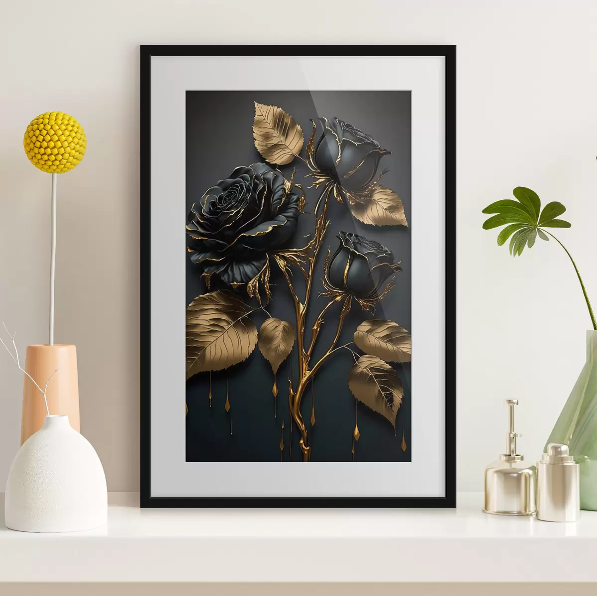 Poster Rose nere e foglie dorate f33700