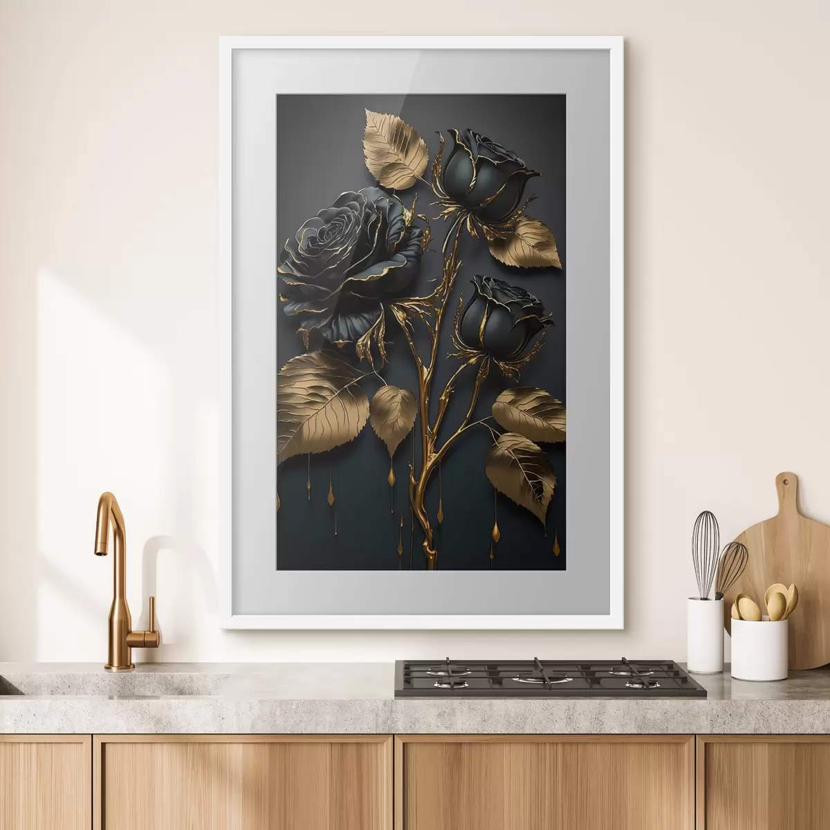 Poster Rose nere e foglie dorate f33700