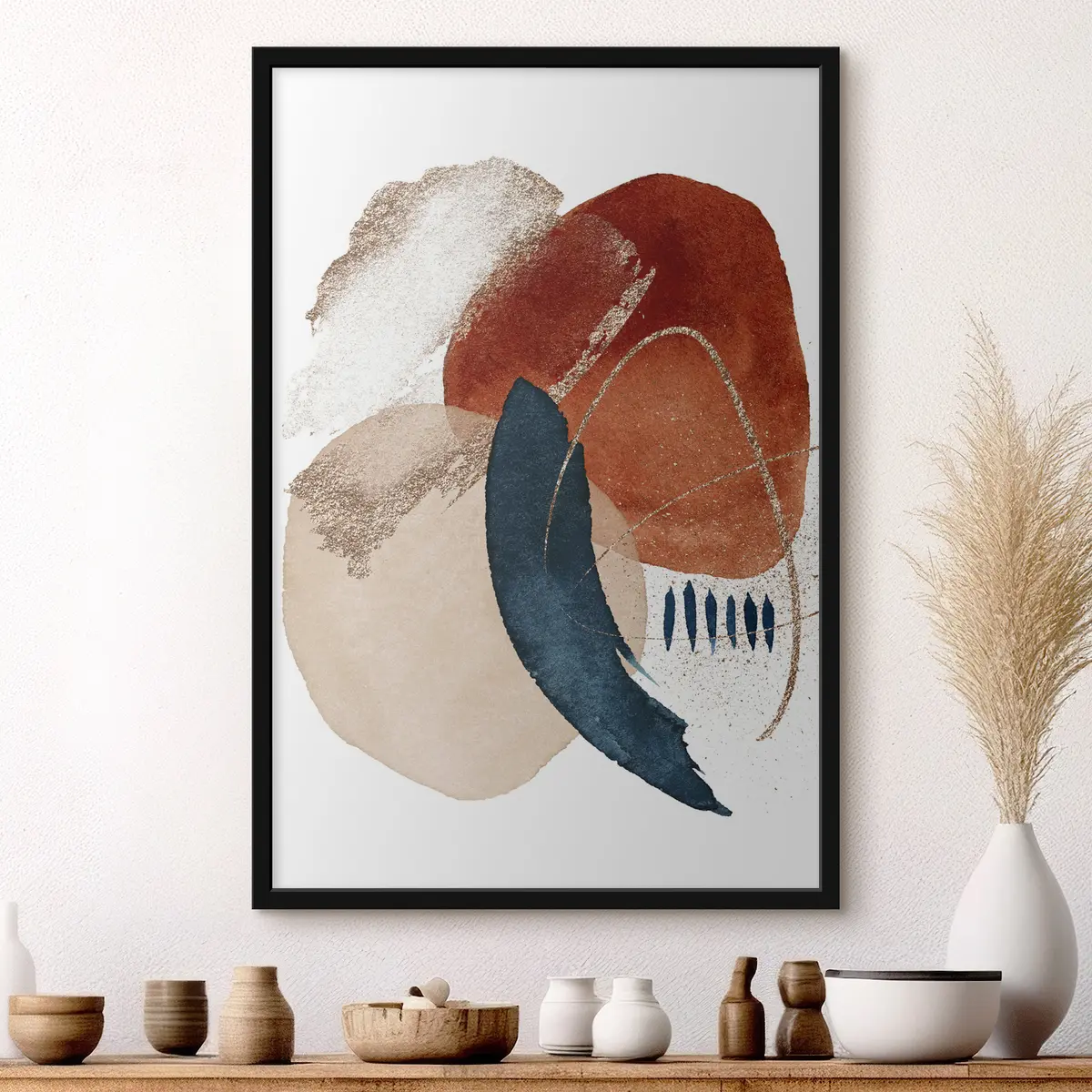 Poster Motivo acquerellato beige ed elementi su sfondo bianco f35954