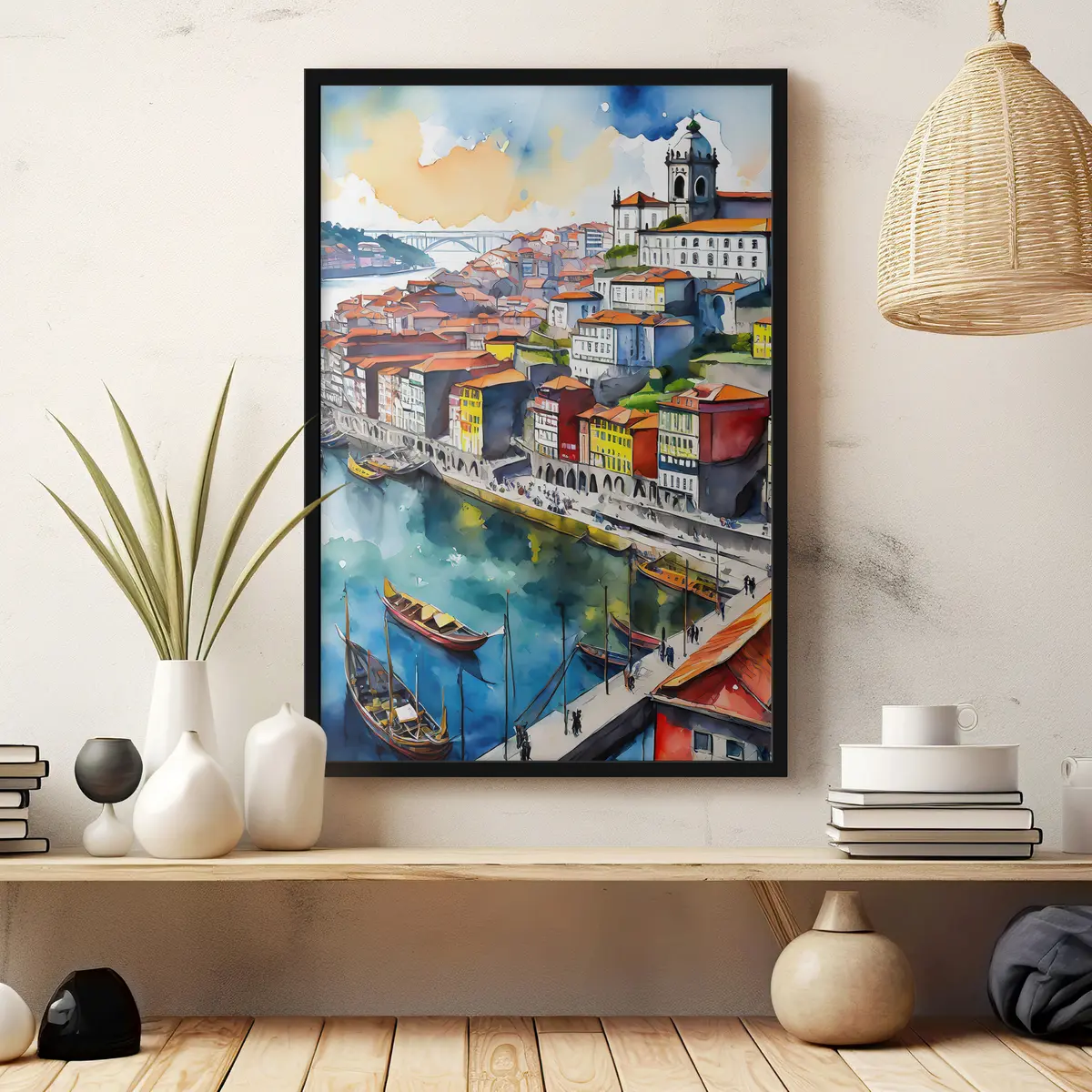 Poster Vibrante città fluviale sotto il cielo f36680