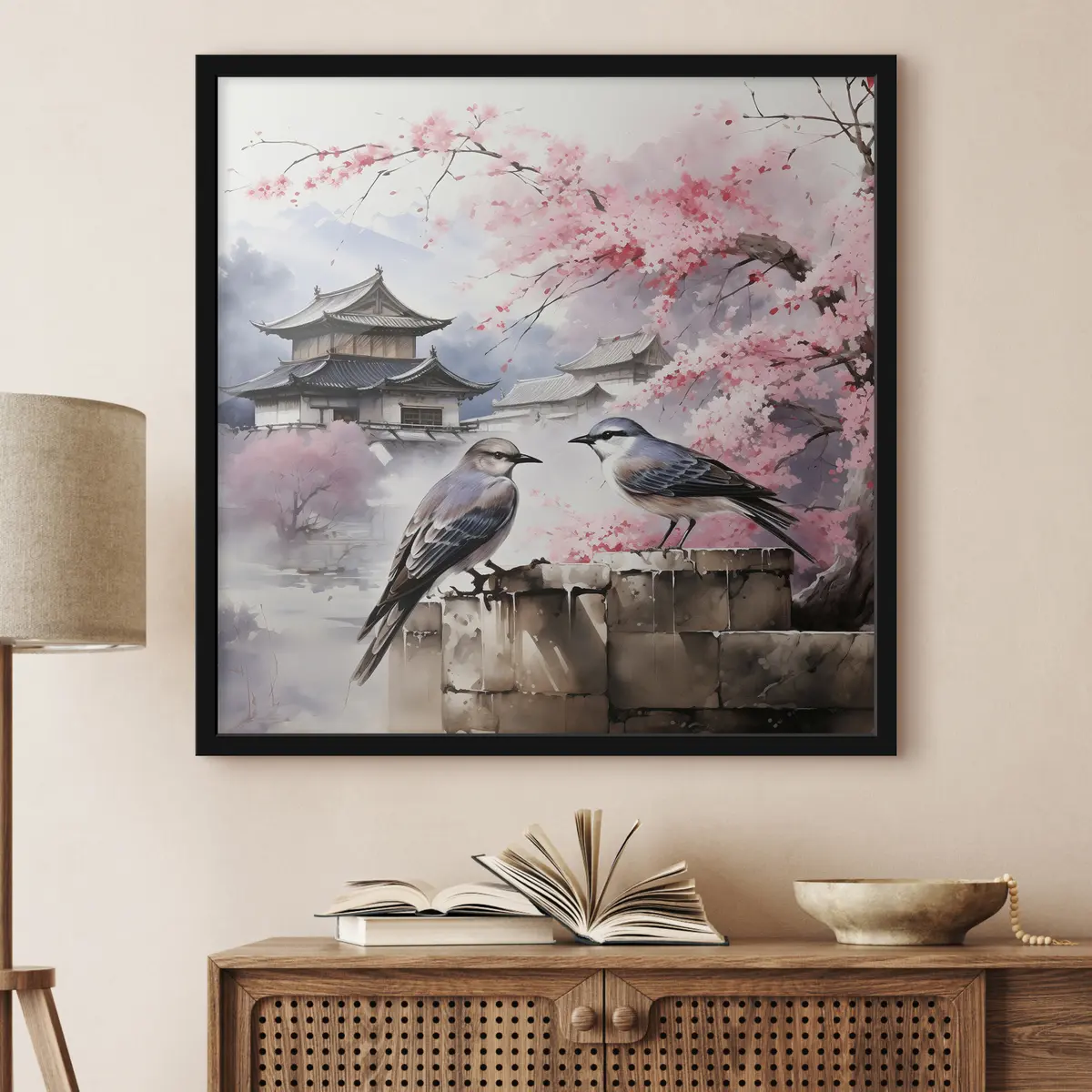 Poster Due uccelli vicino ai fiori di ciliegio f36815