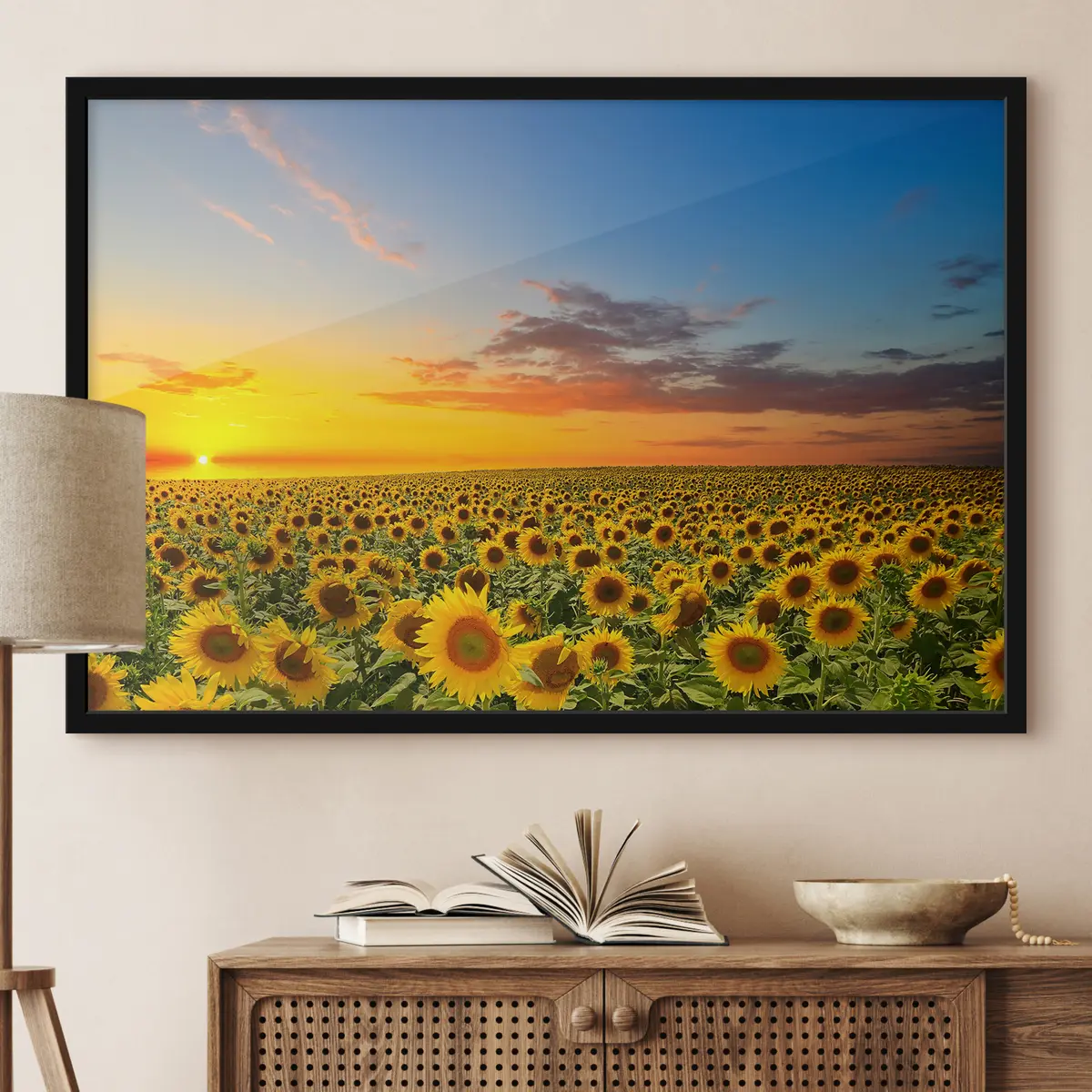 Poster Campo di girasoli al tramonto. Una bella vista f05429