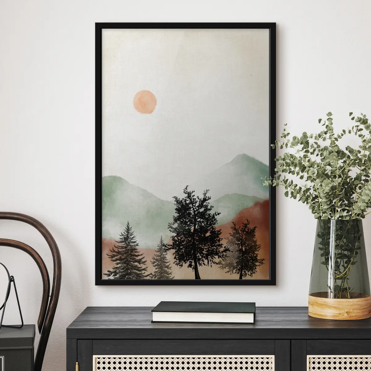 Poster Paesaggio sereno con alberi e sole f36592