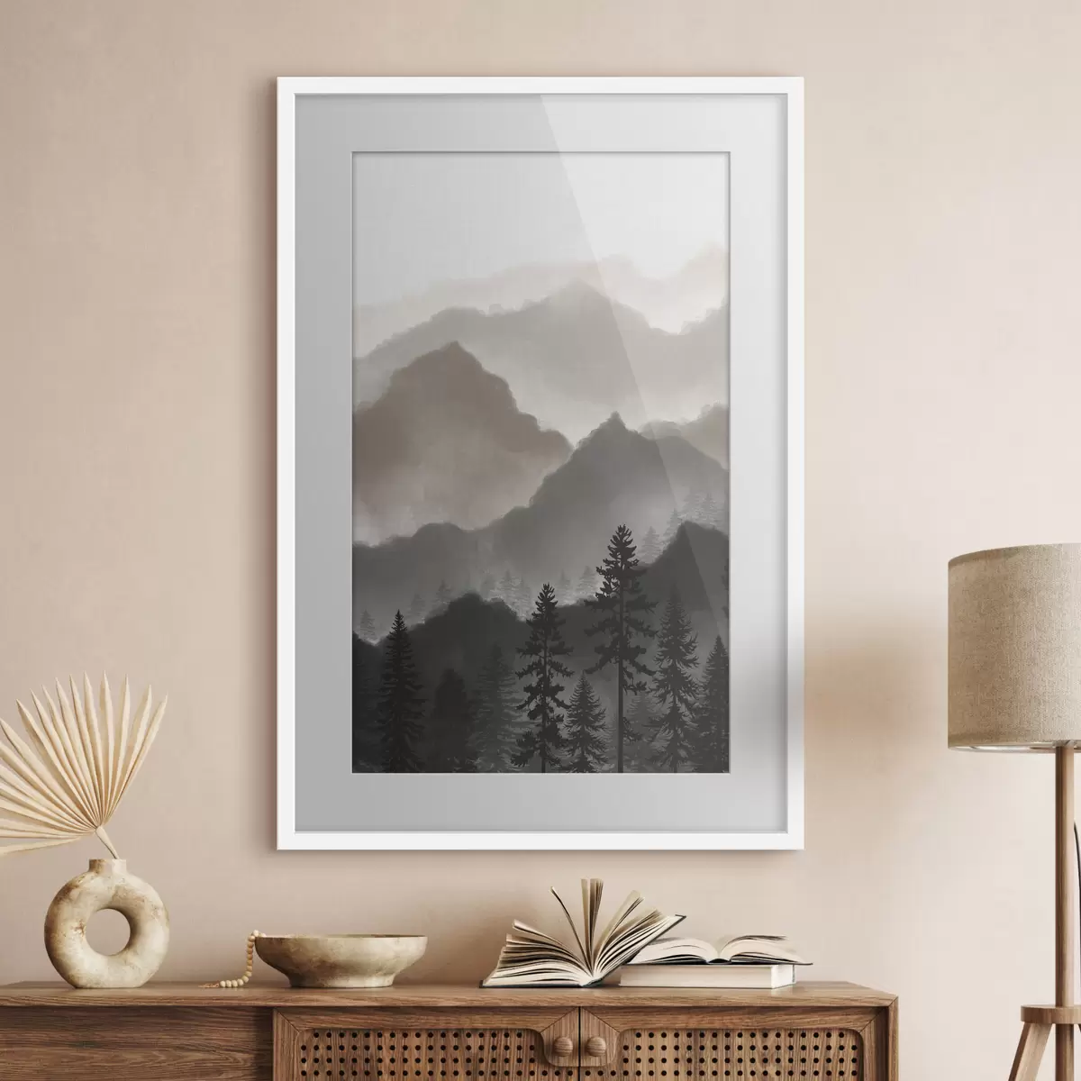 Poster Sereno paesaggio montano con alberi imponenti f36607v1