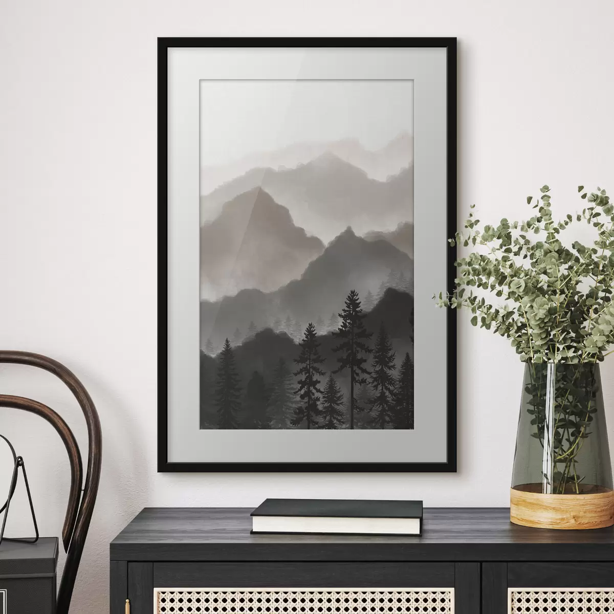 Poster Sereno paesaggio montano con alberi imponenti f36607v1