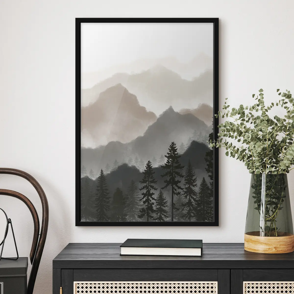 Poster Sereno paesaggio montano con alberi imponenti f36607v1