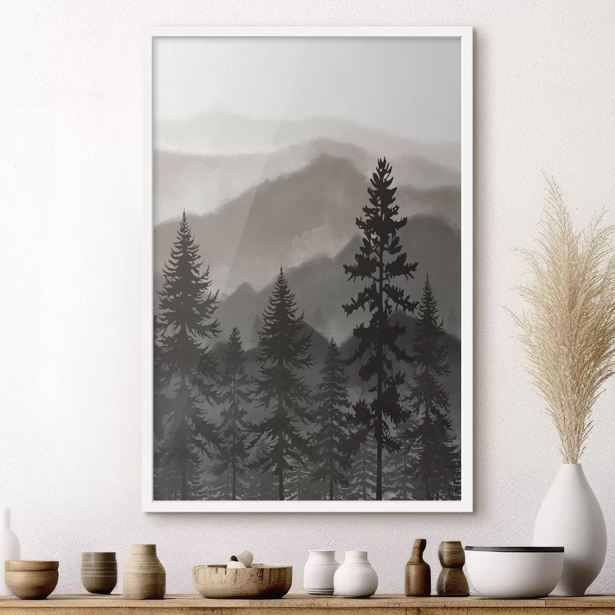 Poster Montagne nebbiose con alberi imponenti f37017v1