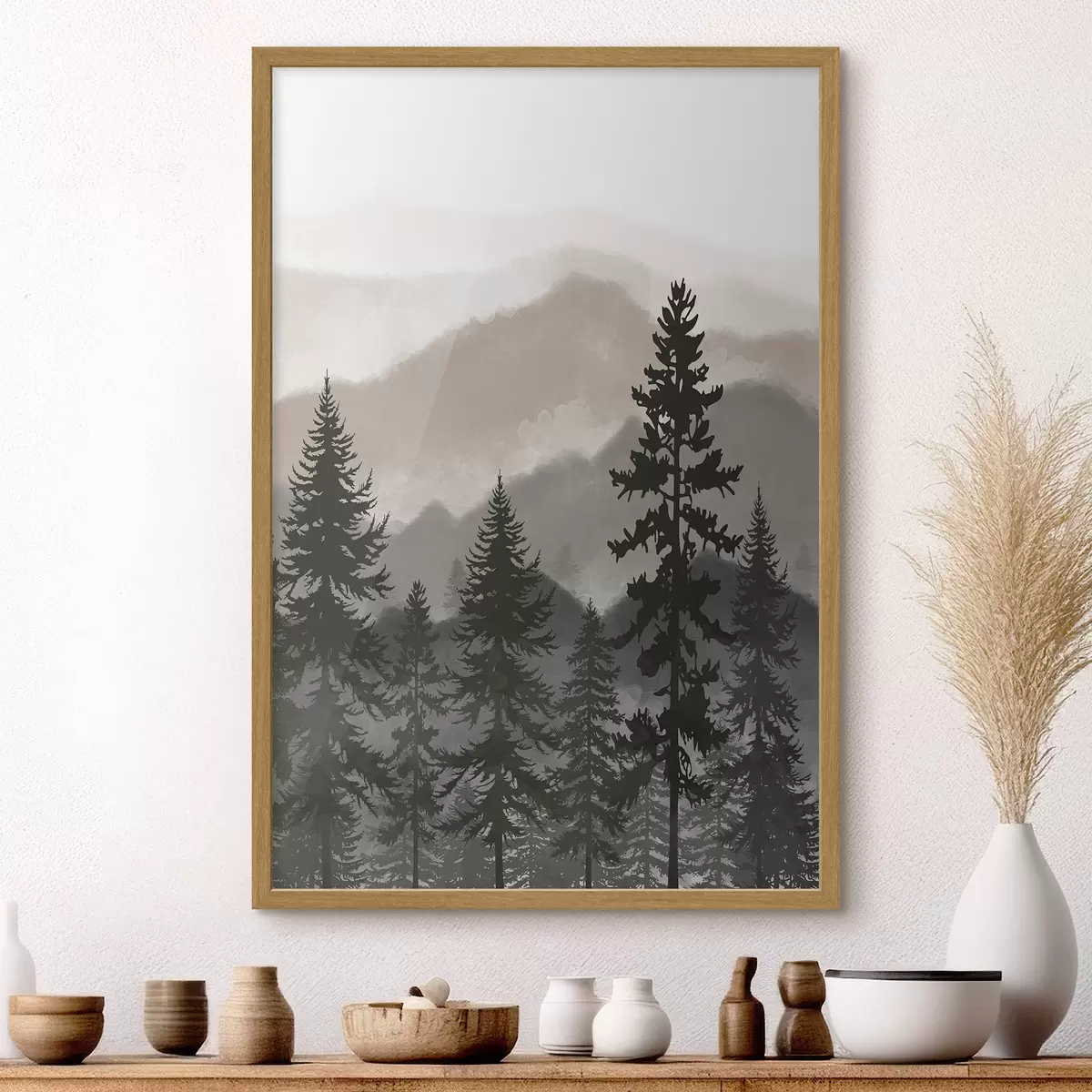 Poster Montagne nebbiose con alberi imponenti f37017v1