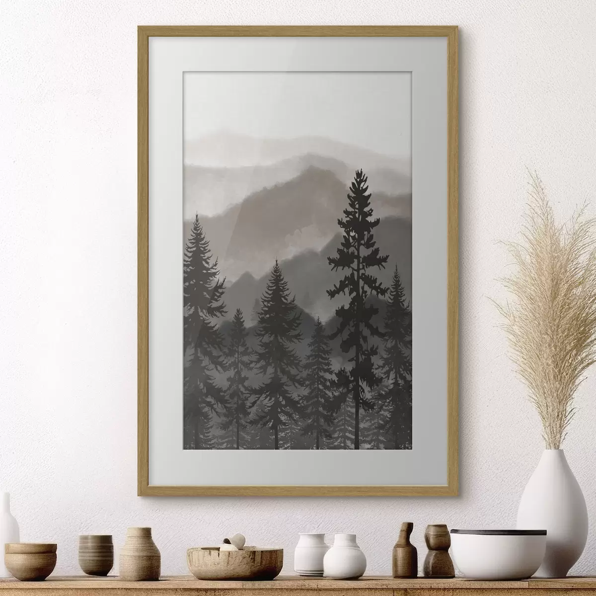 Poster Montagne nebbiose con alberi imponenti f37017v1