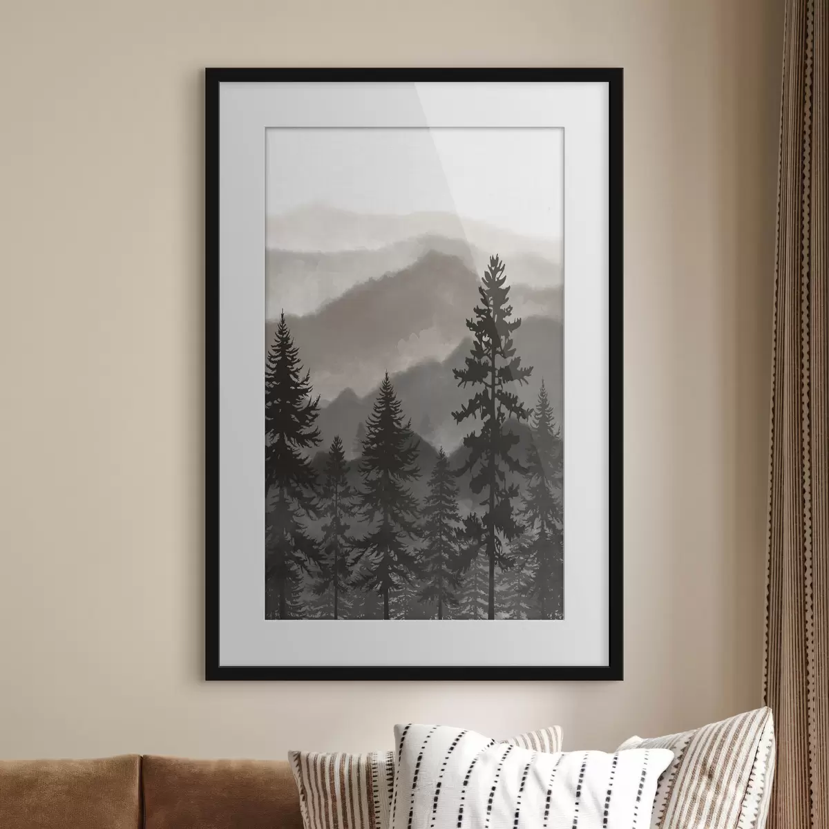Poster Montagne nebbiose con alberi imponenti f37017v1
