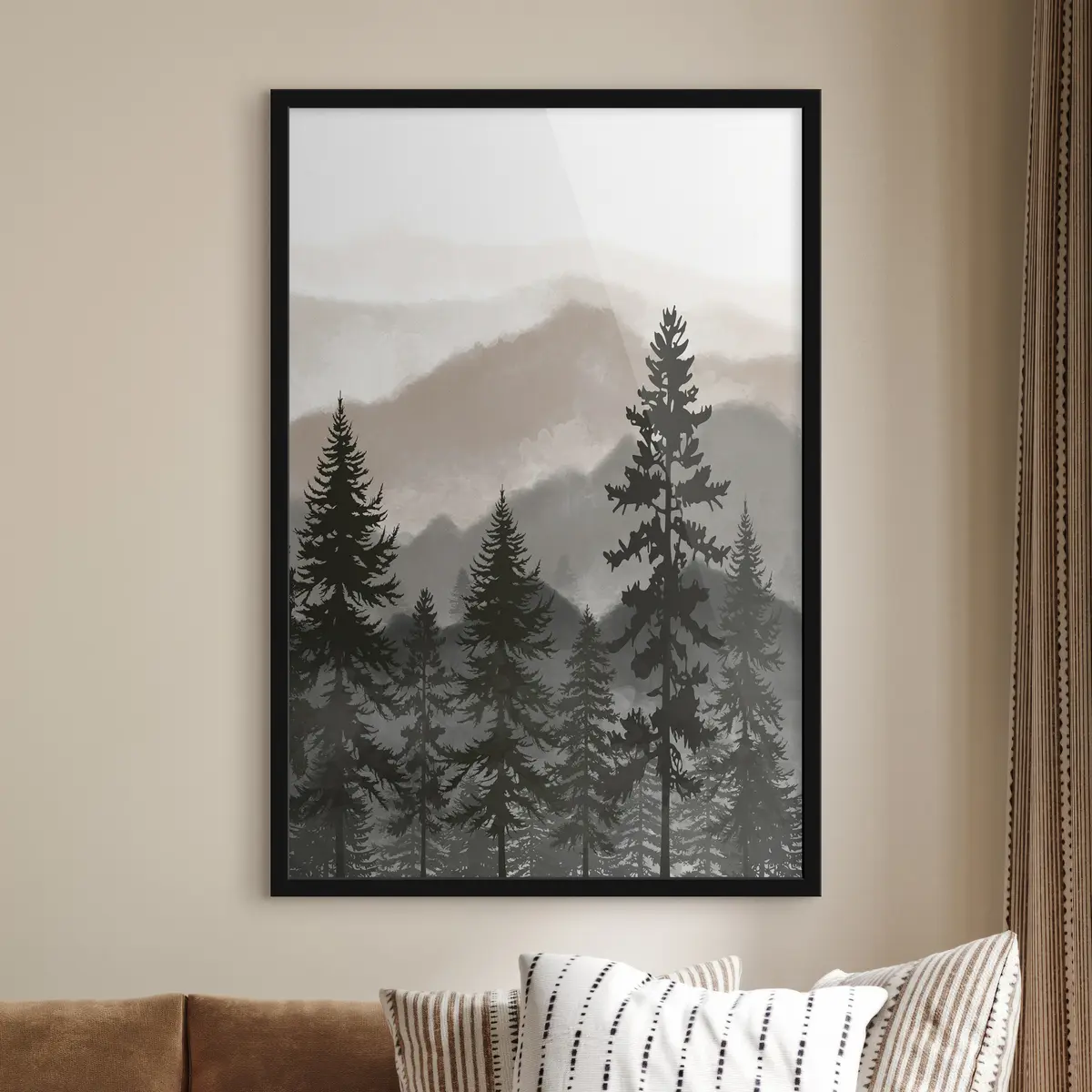 Poster Montagne nebbiose con alberi imponenti f37017v1
