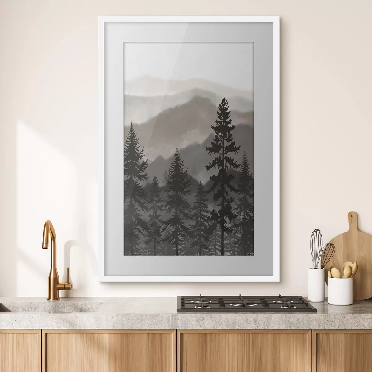 Poster Montagne nebbiose con alberi imponenti f37017v1