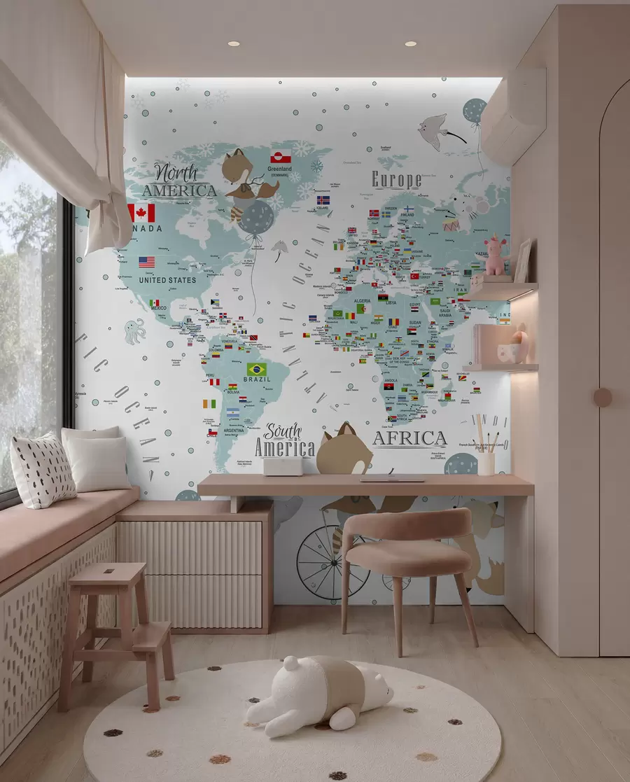 carta da parati Mappa del mondo per bambini con animali nr. u99228