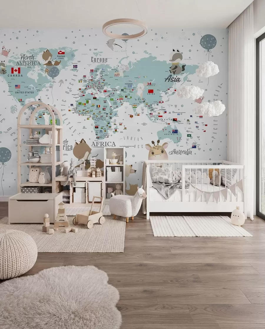 carta da parati Mappa del mondo per bambini con animali nr. u99228