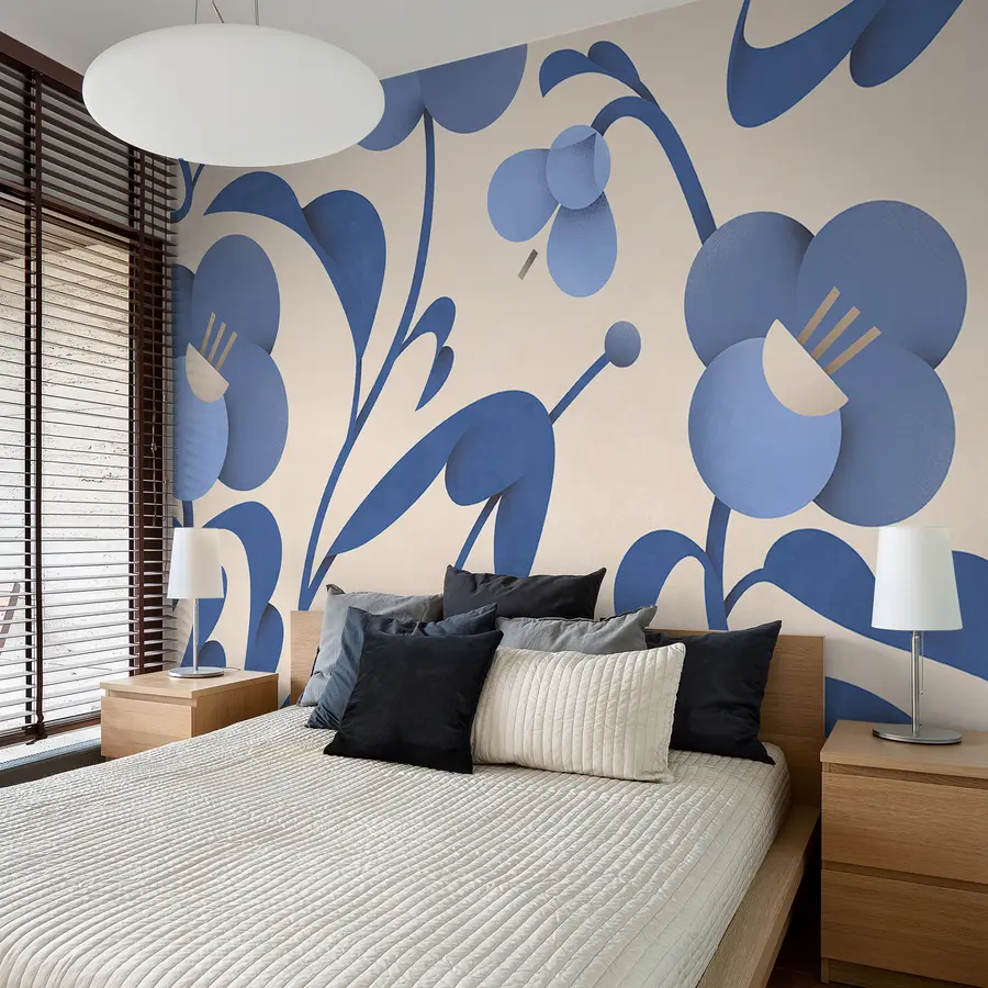 Carta da parati Fiori grandi Stampa botanica con fiori blu decorativi su fondo beige n. u99196v7