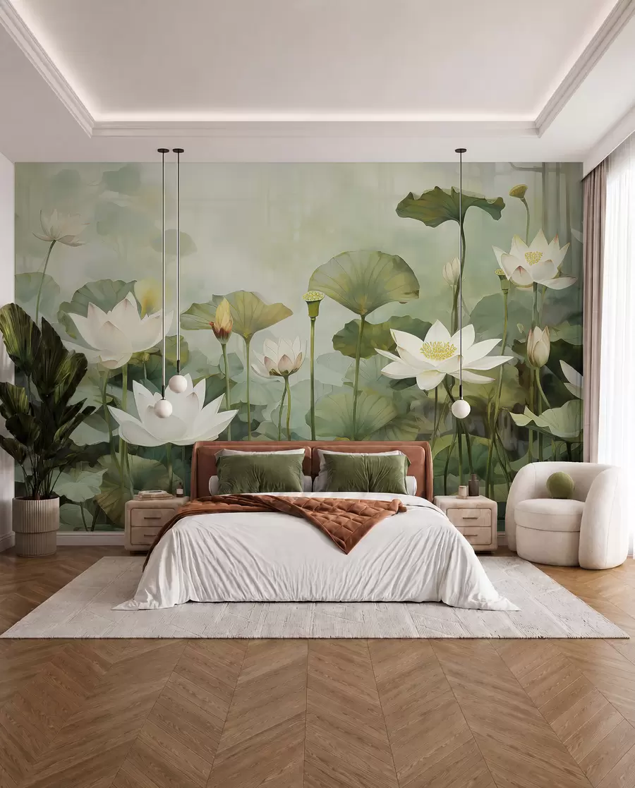 Carta da parati Floreale Fiori di loto nel lago, giungla, arte tropicale, verde n. u99454d1