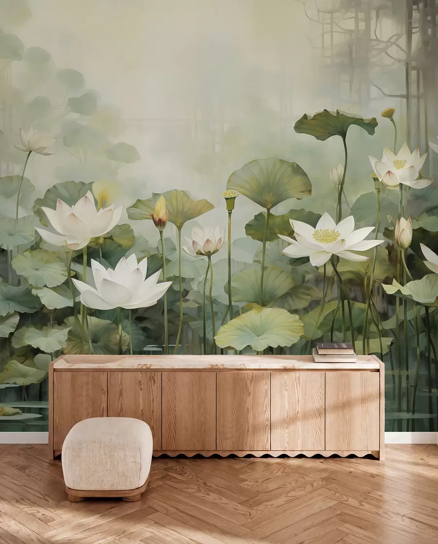 Carta da parati Floreale Fiori di loto nel lago, giungla, arte tropicale, verde n. u99454d1