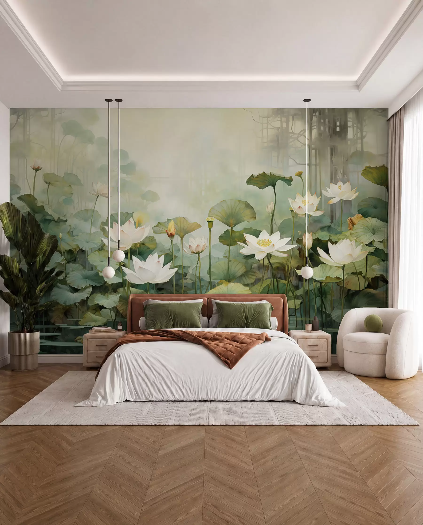 Carta da parati Floreale Fiori di loto nel lago, giungla, arte tropicale, verde n. u99454