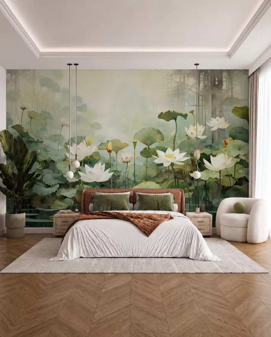 Carta da parati Floreale Fiori di loto nel lago, giungla, arte tropicale, verde n. u99454