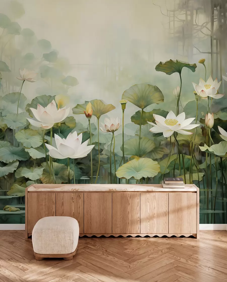 Carta da parati Floreale Fiori di loto nel lago, giungla, arte tropicale, verde n. u99454
