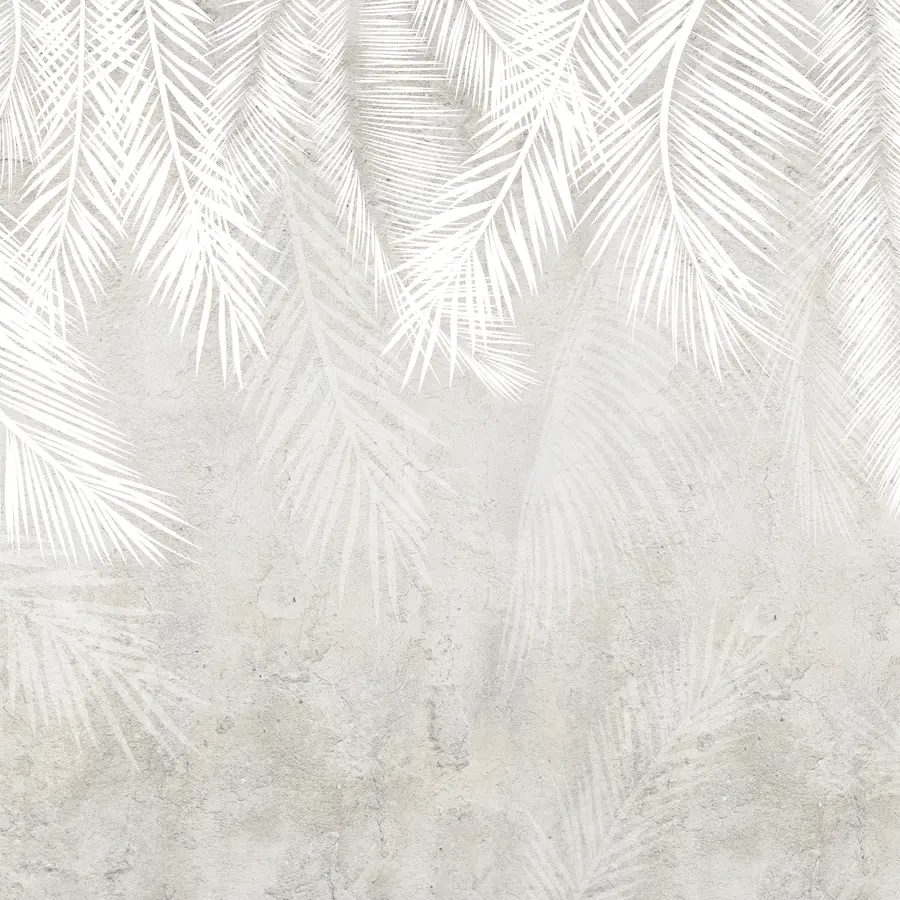Carta da parati Tropici della Foresta Foglie di palma bianche e fragili con una texture grunge n. u94286d1