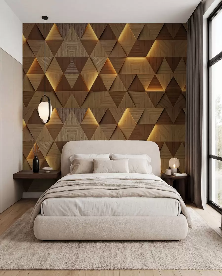 Carta da parati  Forme geometriche 3D Triangoli classici in legno con illuminazione 3D