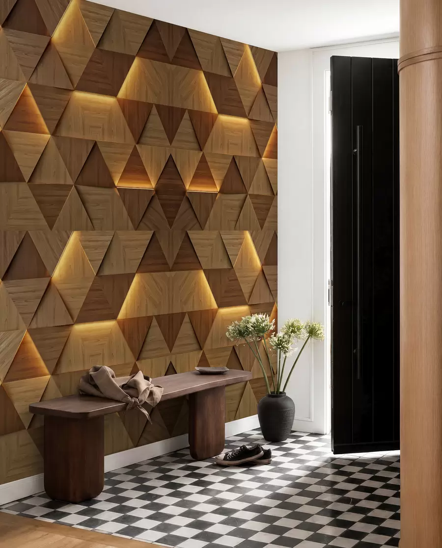 Carta da parati  Forme geometriche 3D Triangoli classici in legno con illuminazione 3D