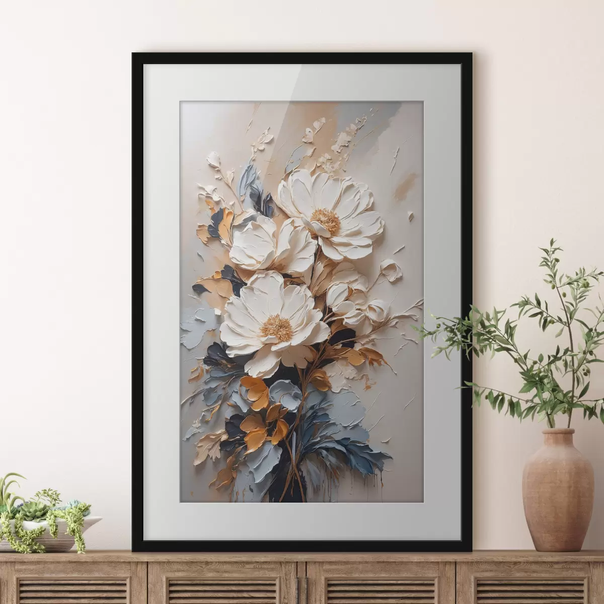 Poster Fiori avorio e foglie scure f37327