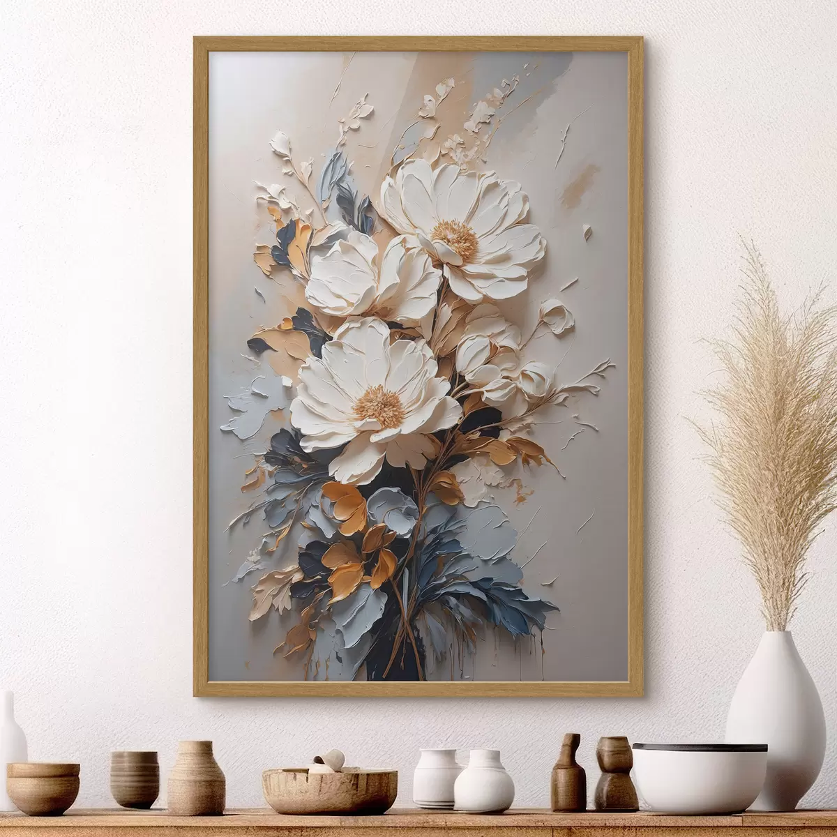 Poster Fiori avorio e foglie scure f37327